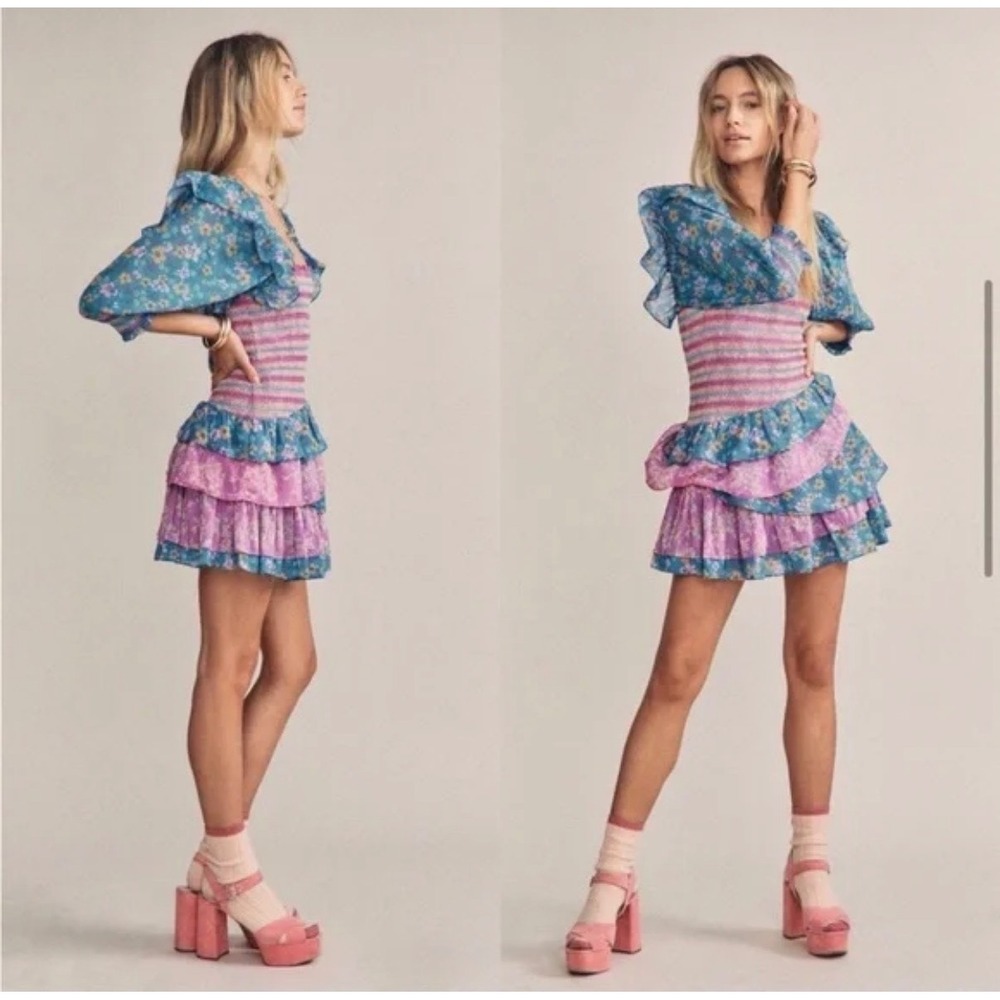 H1 Yvonne & Love Floral Smocked Tiered Ruffle Mini Dress Blue Purple Puff Sleeve
